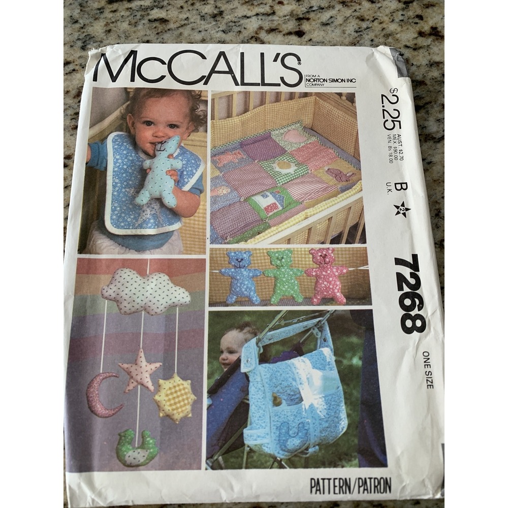 McCalls Sewing Pattern 7268 Baby Crib Blanket Quilt Stroller Bag Mobile Toy Bib